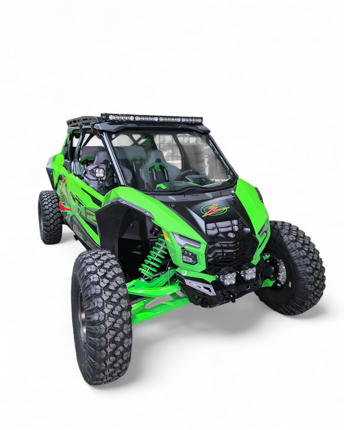 Direct front view of Kawasaki Teryx H2 Volt Series winch bumper showing body-line fitment and light mounts