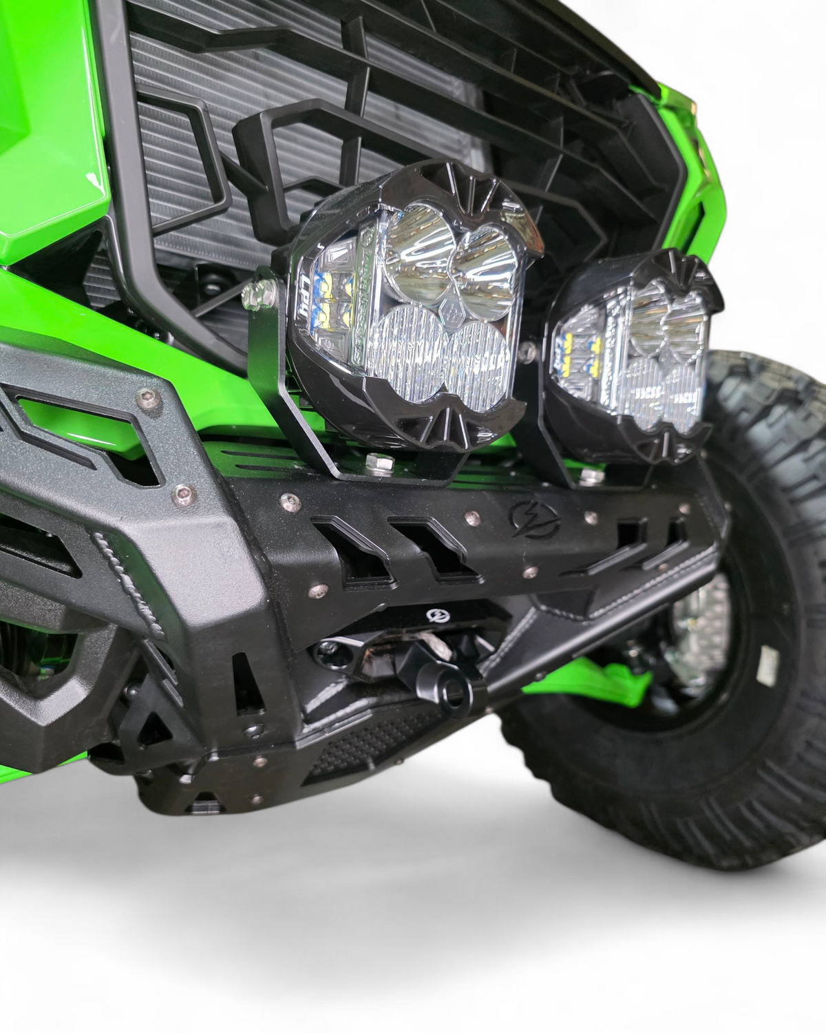 Mild steel and aluminum panel construction detail on Kawasaki Teryx H2 Volt front winch bumper