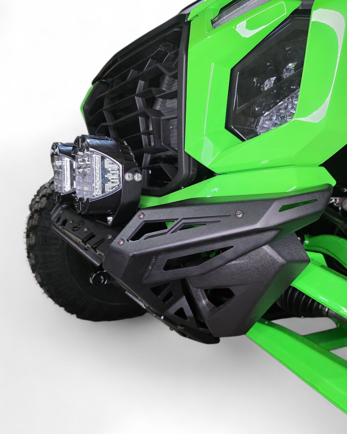 Bolt-on mounting point detail on Kawasaki Teryx H2 Volt front winch bumper showing factory attachment
