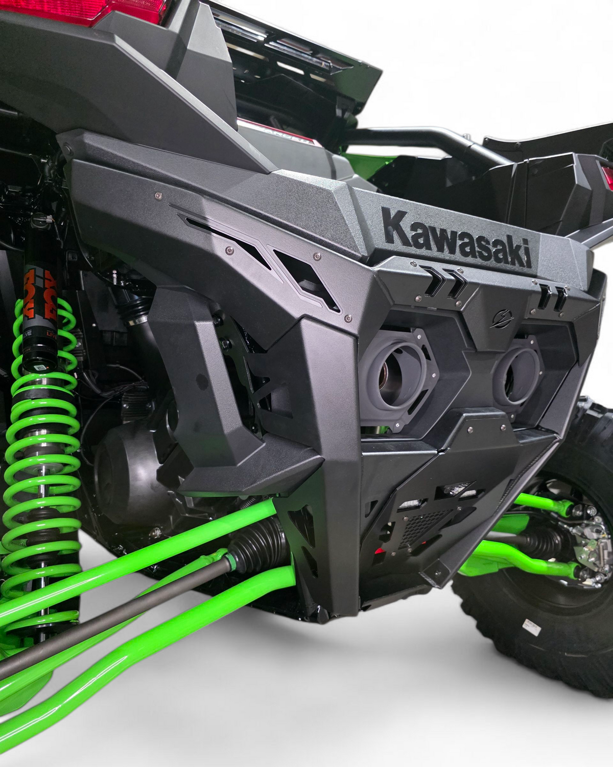 Driver side view of Volt Series rear bumper installed on Kawasaki Teryx H2