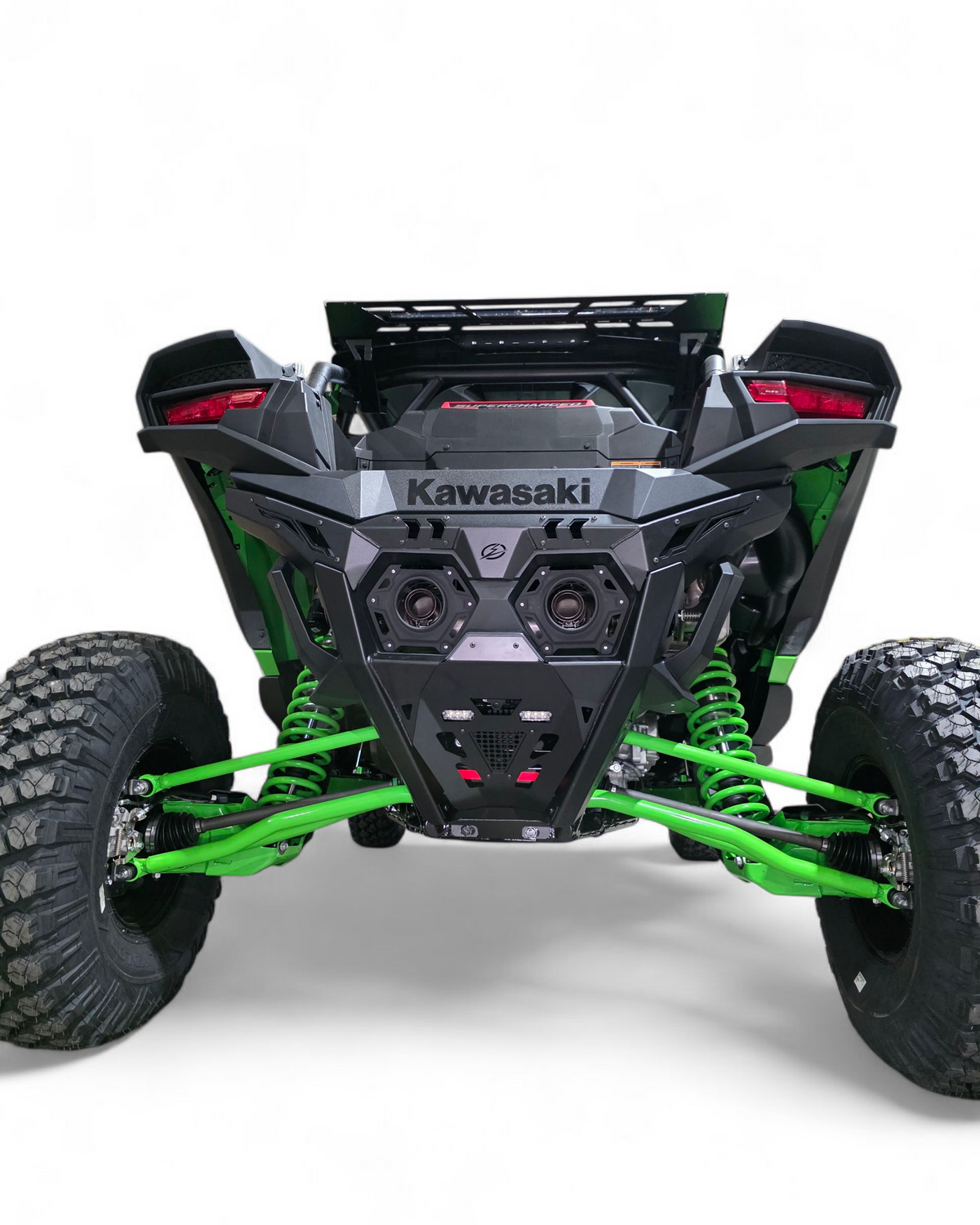 Rear three-quarter view of Kawasaki Teryx H2 Volt rear bumper showing aluminum panels and satin black finish