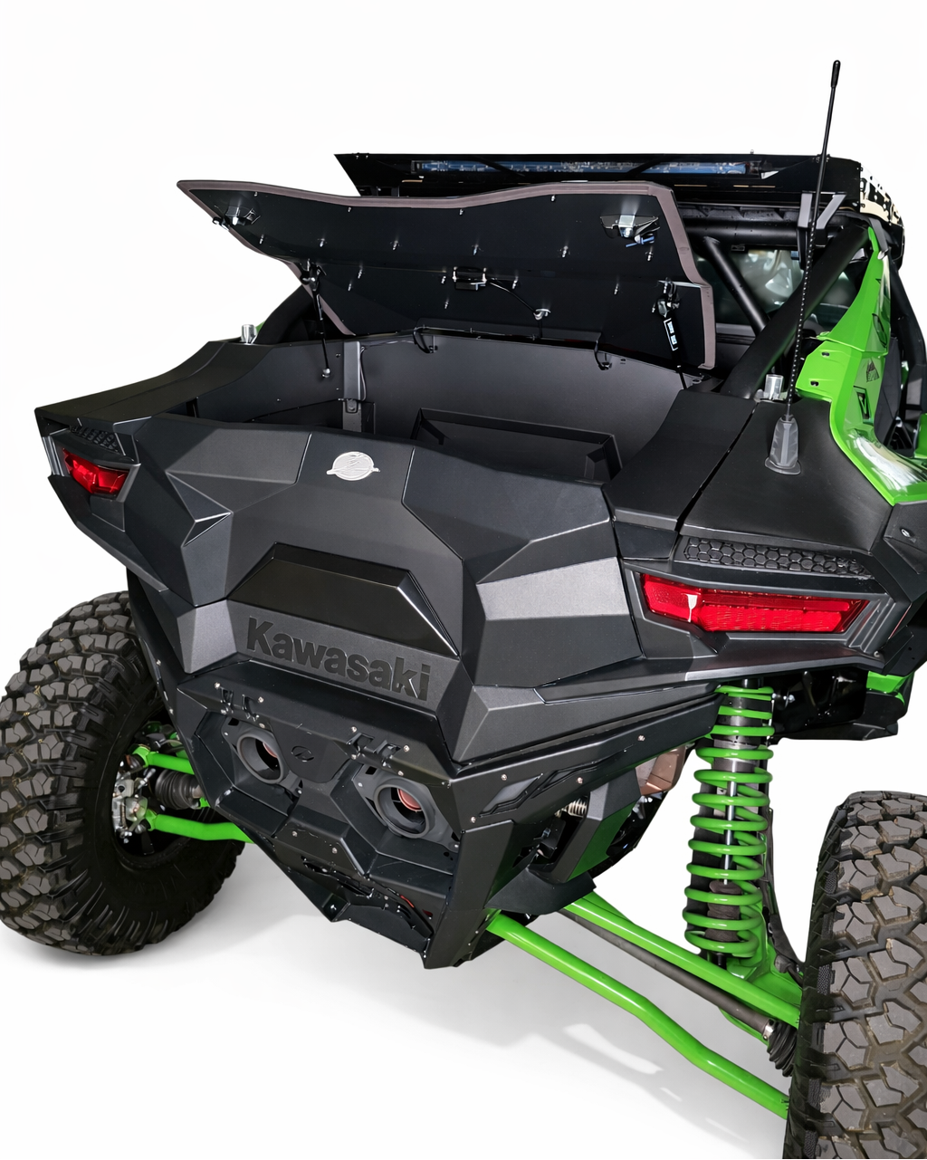 Direct rear view of Kawasaki Teryx H2 Baja Bed Box mounted in the bed