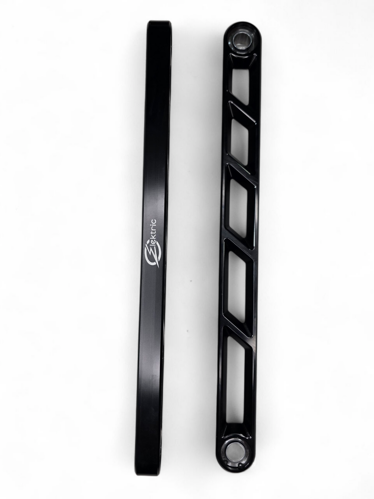 Pair of Can-Am Maverick R anodized black billet rear sway bar links shown with hardware