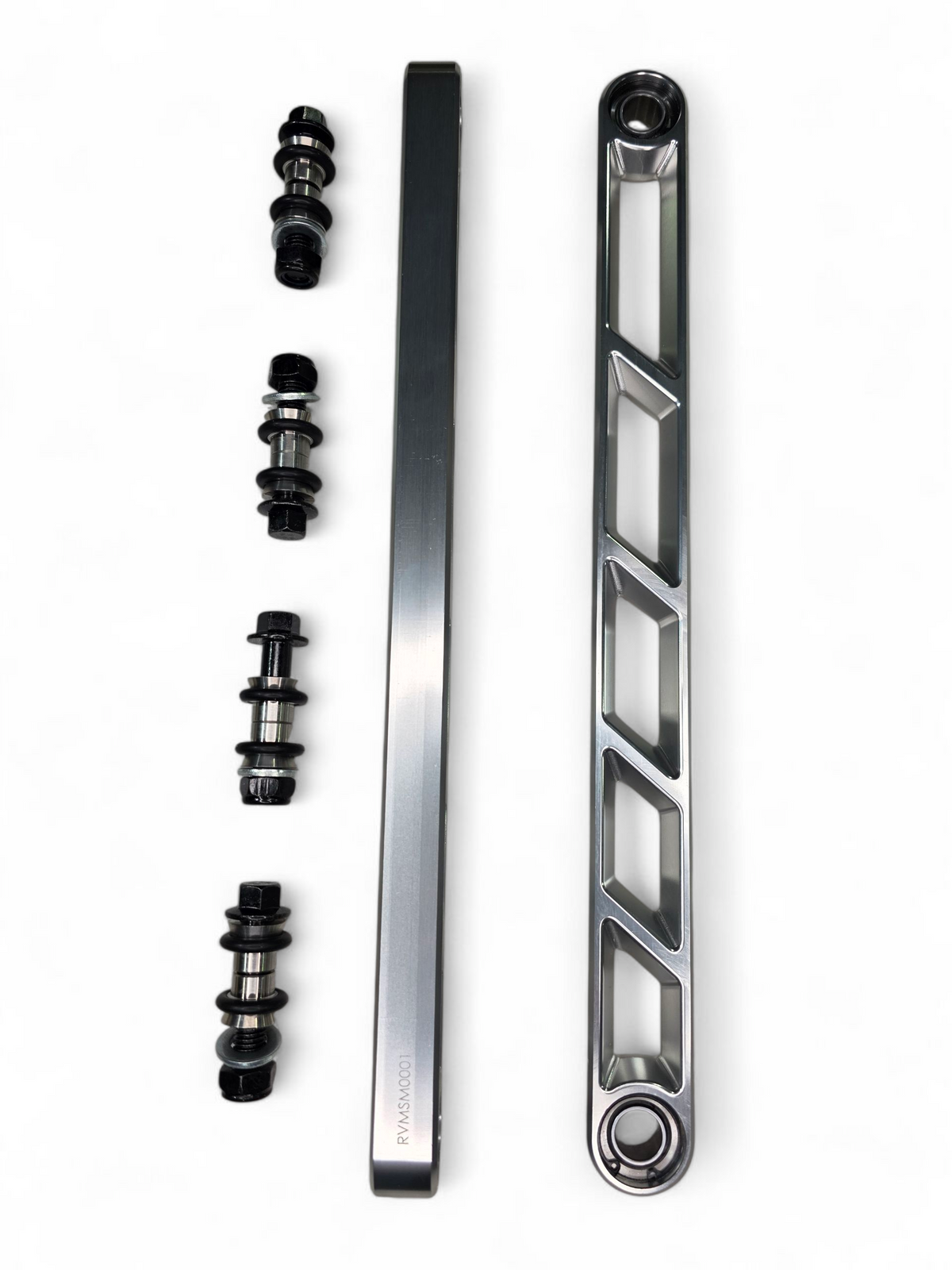 Clear anodized finish detail on Can-Am Maverick R rear sway bar links showing raw machining