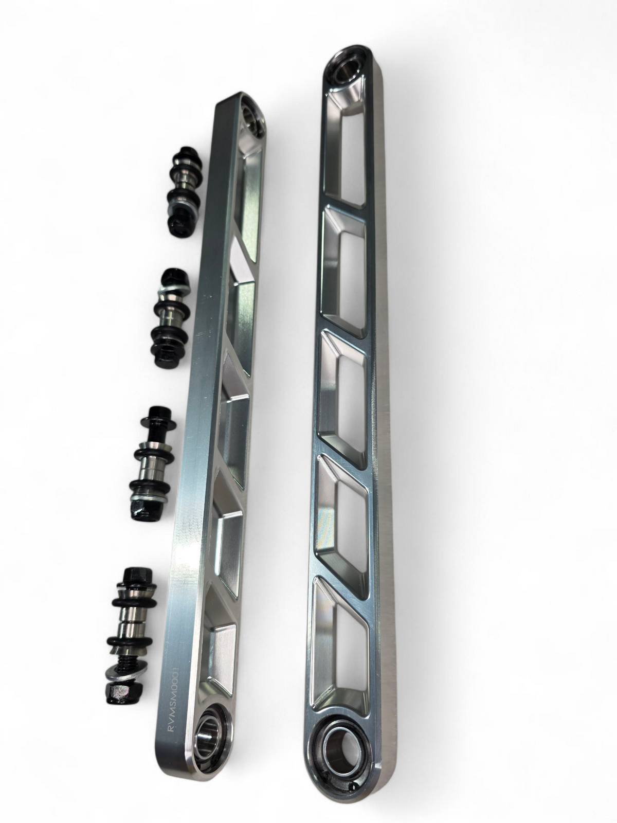 Rear Sway Bar Links in clear anodized finish for 2024+ Can-Am Maverick R showing CNC-milled billet aluminum