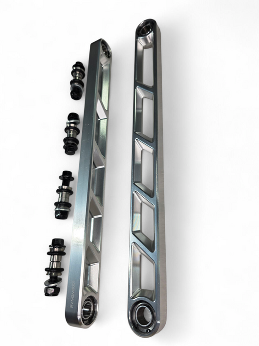Rear Sway Bar Links in clear anodized finish for 2024+ Can-Am Maverick R showing CNC-milled billet aluminum