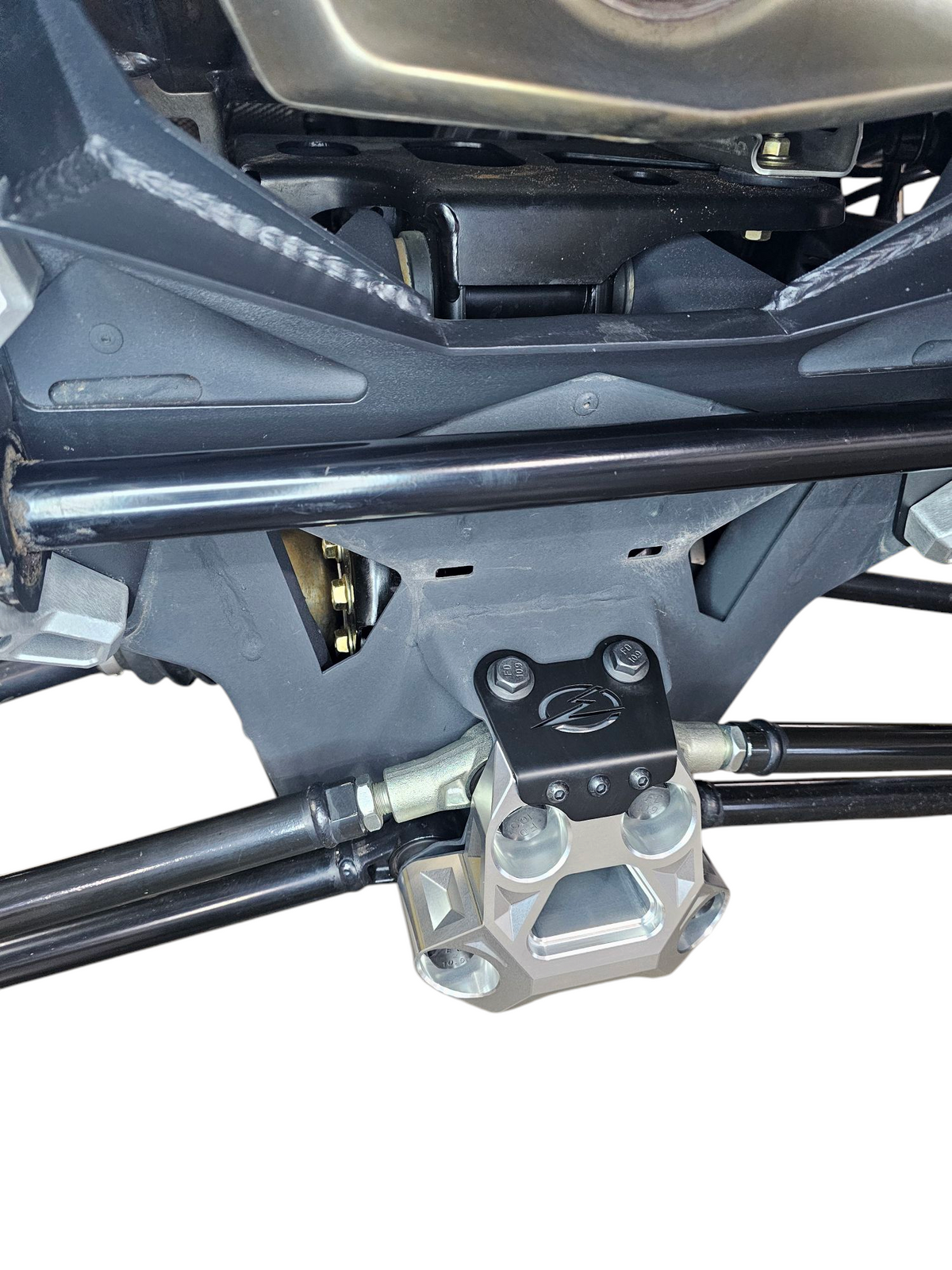 Can-Am Maverick R clear billet radius rod plate tow hook recovery point detail