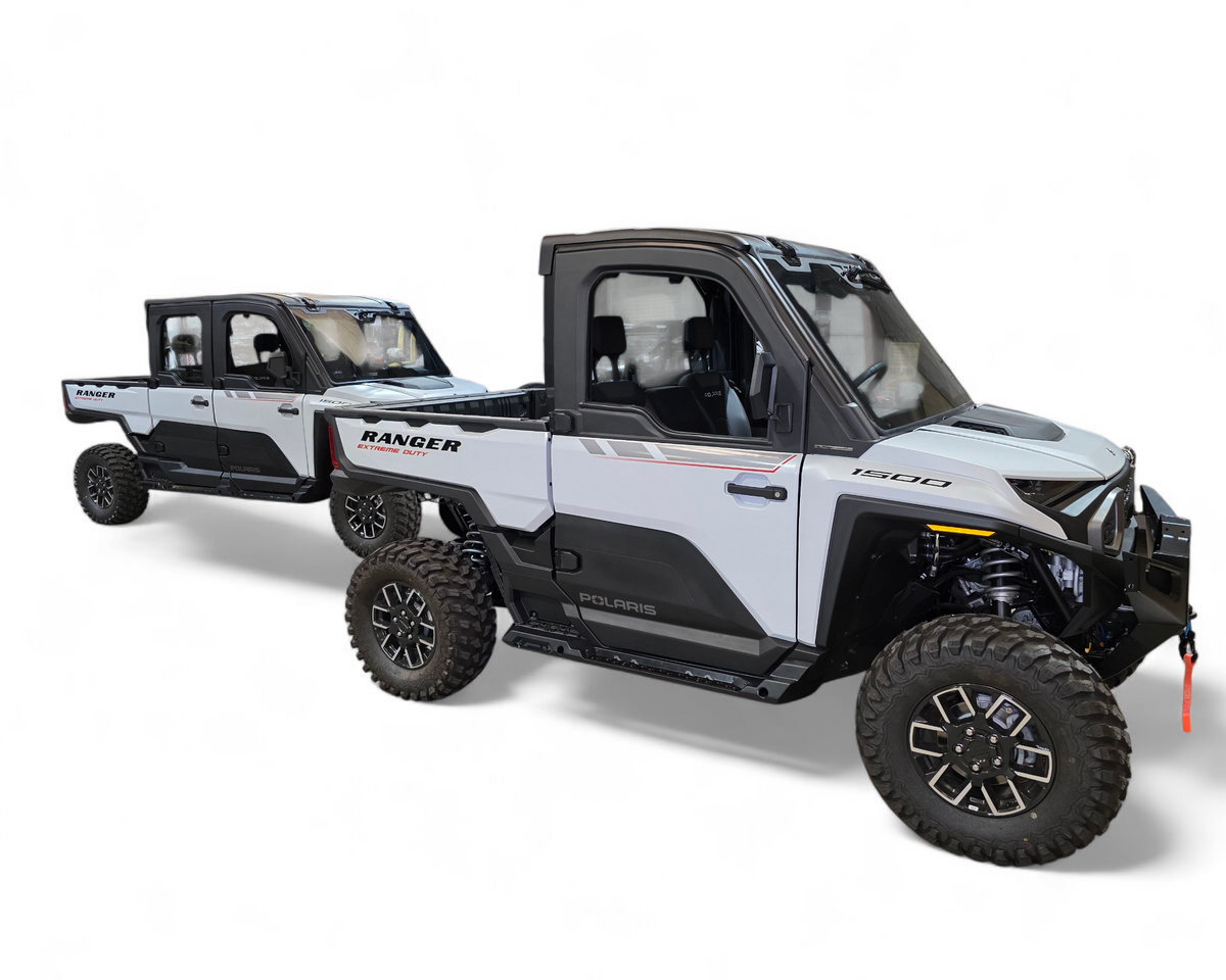 Hammer black powder coat and satin panel finish on Polaris Ranger XD 1500 rock sliders