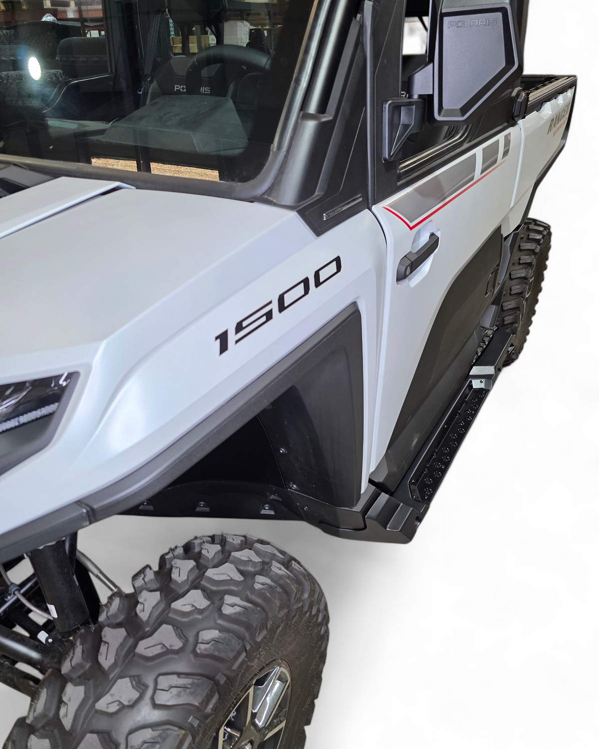 Satin black panel detail on Polaris Ranger XD 1500 rock sliders
