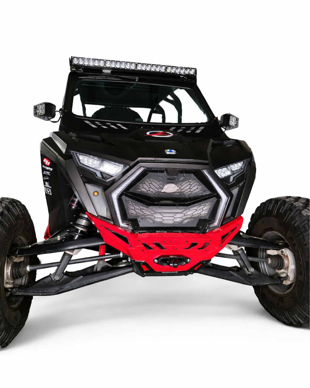 Volt Front Grille installed on 2025 Polaris RZR Pro R showing steel and aluminum construction with billet badge