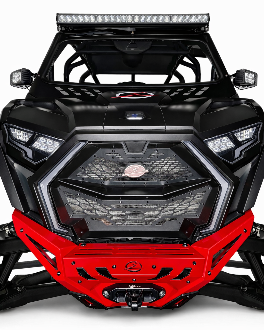 Billet aluminum badge detail on Polaris RZR Volt front grille