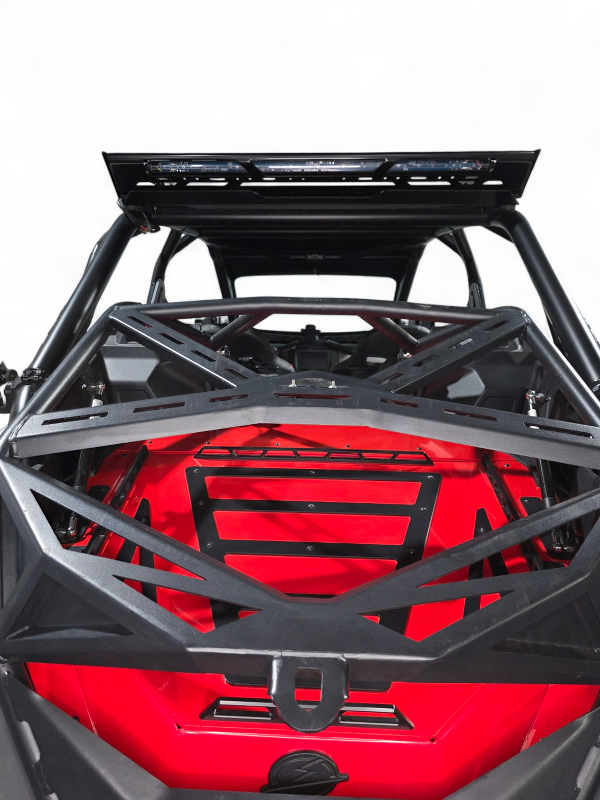 E-Track rail system with gear strapped down on Polaris RZR Pro R roof rack