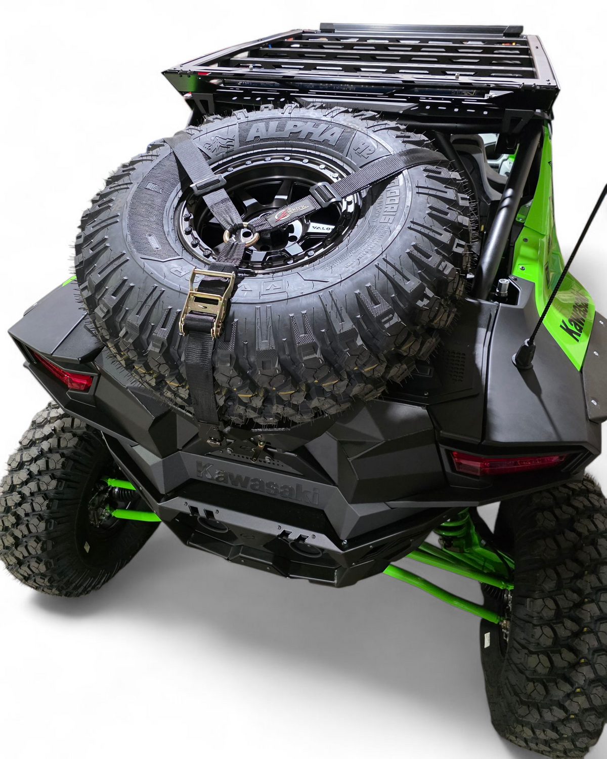 Direct rear view of Kawasaki Teryx H2 Volt Baja spare tire rack