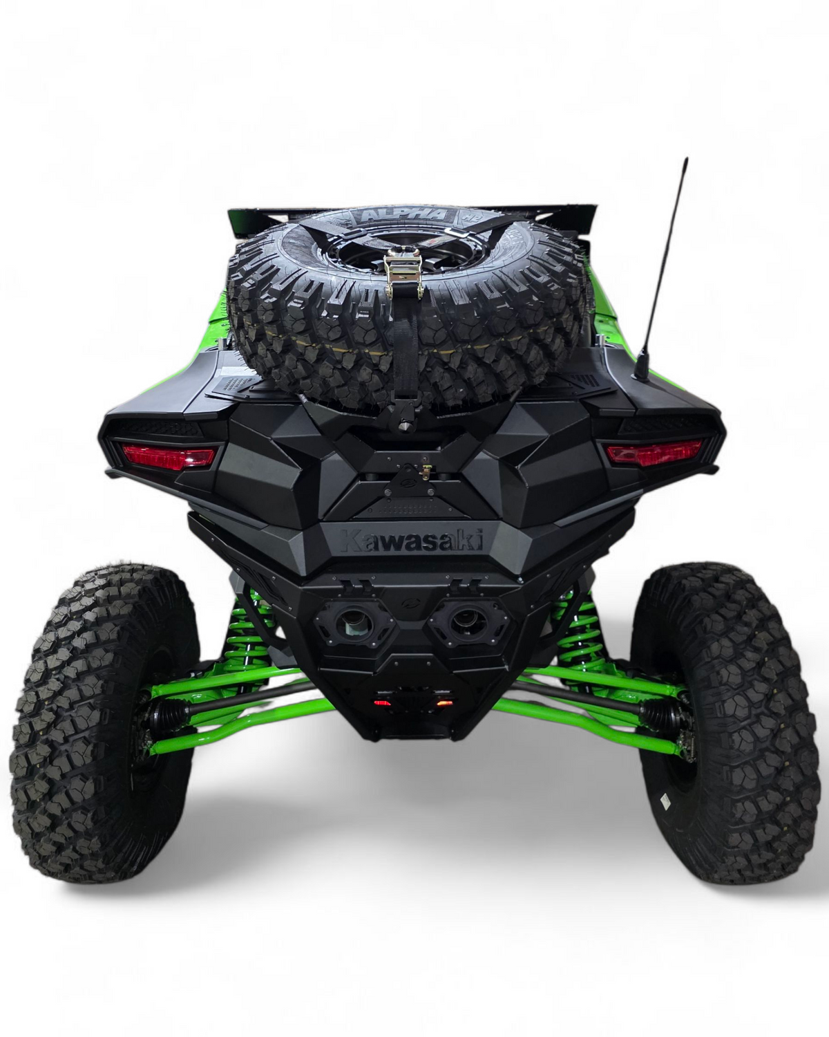Volt Baja Tire Rack installed on 2026 Kawasaki Teryx H2 carrying a spare tire in hammer black finish