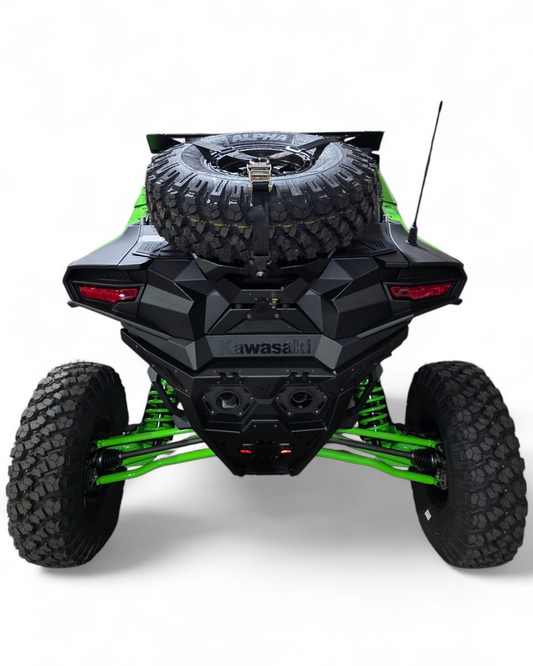 Volt Baja Tire Rack installed on 2026 Kawasaki Teryx H2 carrying a spare tire in hammer black finish