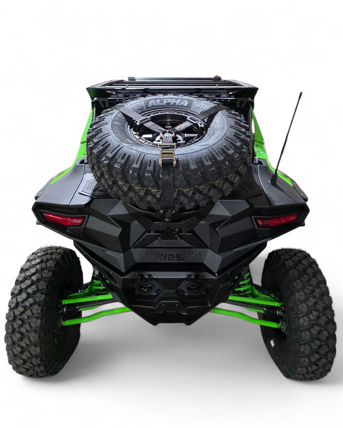 Kawasaki Teryx H2 Baja tire rack opened on gas struts for spare access