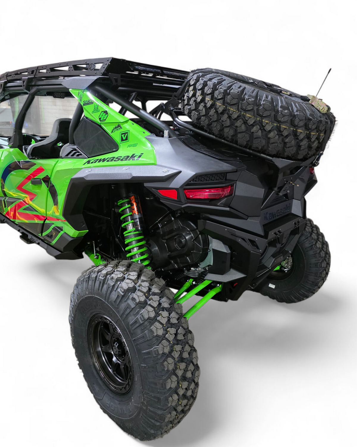 Gas strut detail on Kawasaki Teryx H2 Volt Baja tire rack for easy spare access