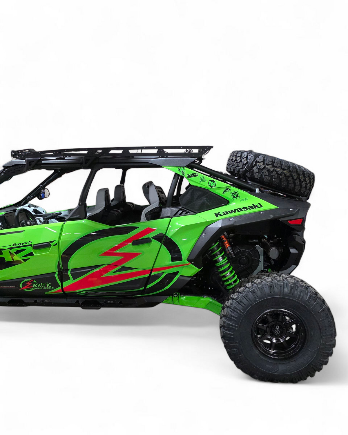 Driver side view of Volt Baja tire rack installed on Kawasaki Teryx H2