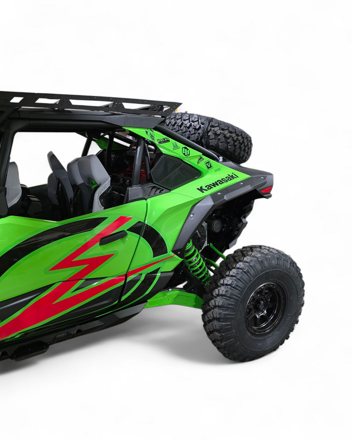 Passenger side view of Kawasaki Teryx H2 Baja spare tire rack
