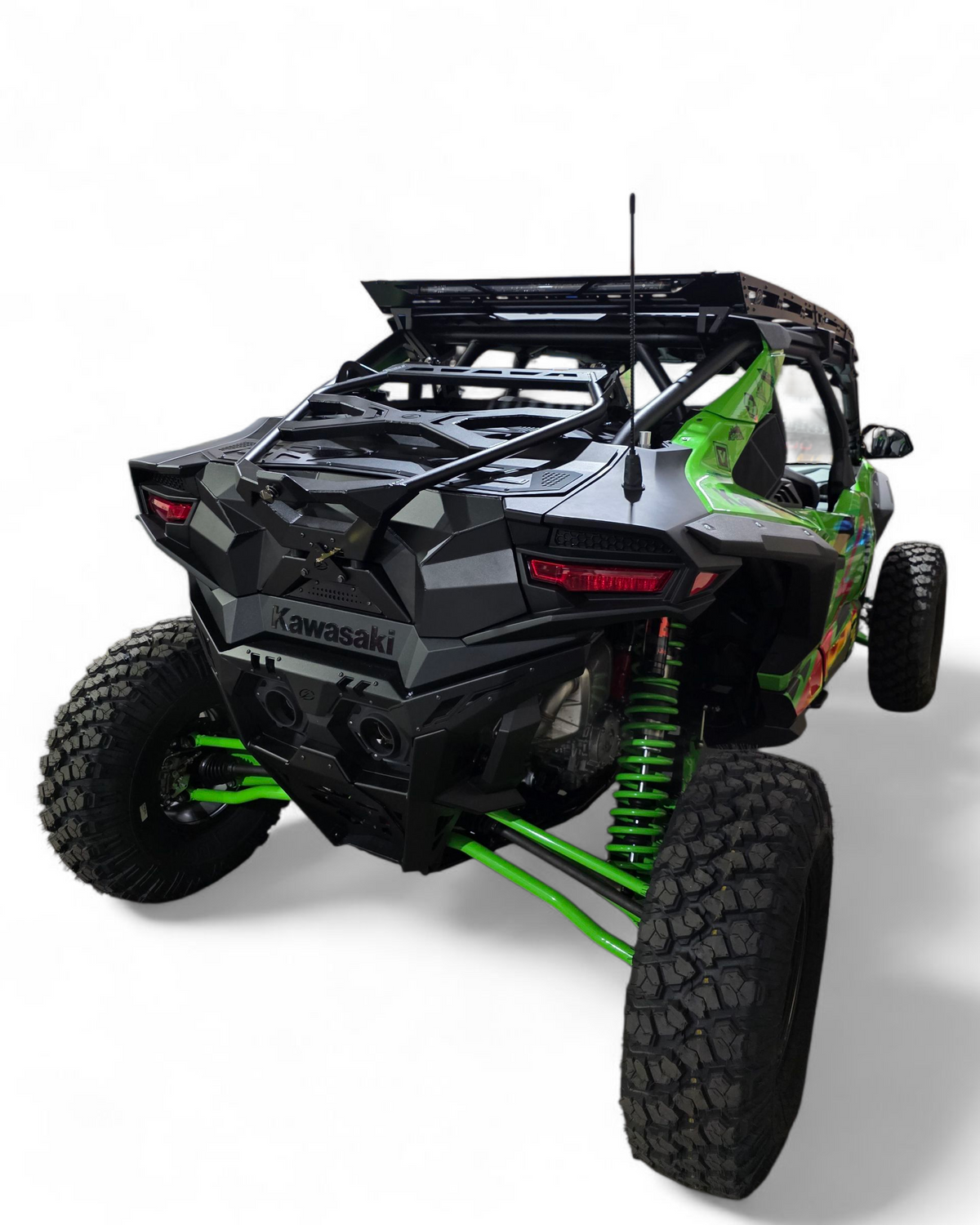 Rear three-quarter view of Kawasaki Teryx H2 Baja tire rack with spare mounted