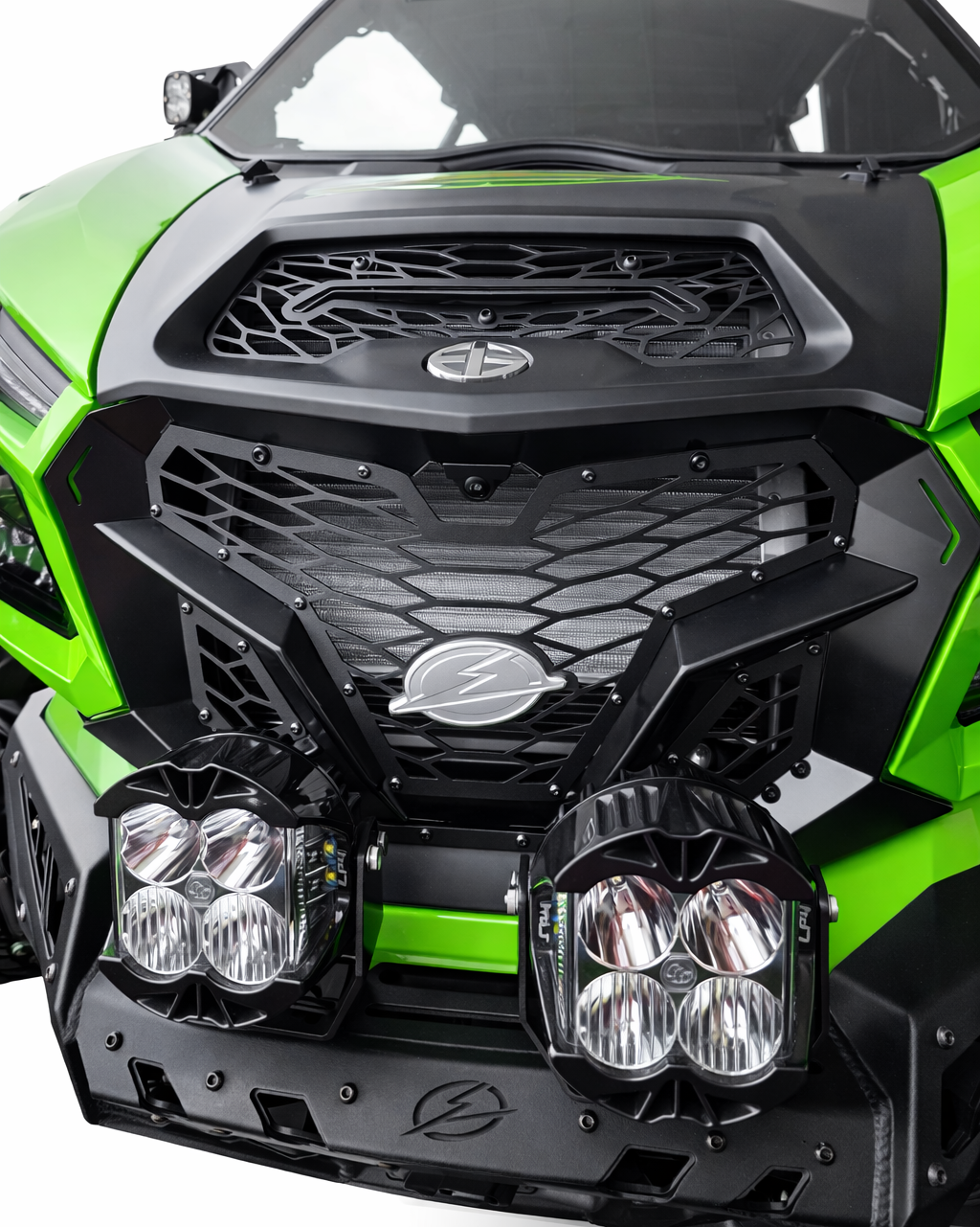 Billet aluminum badge detail on Kawasaki Teryx H2 Volt front grille