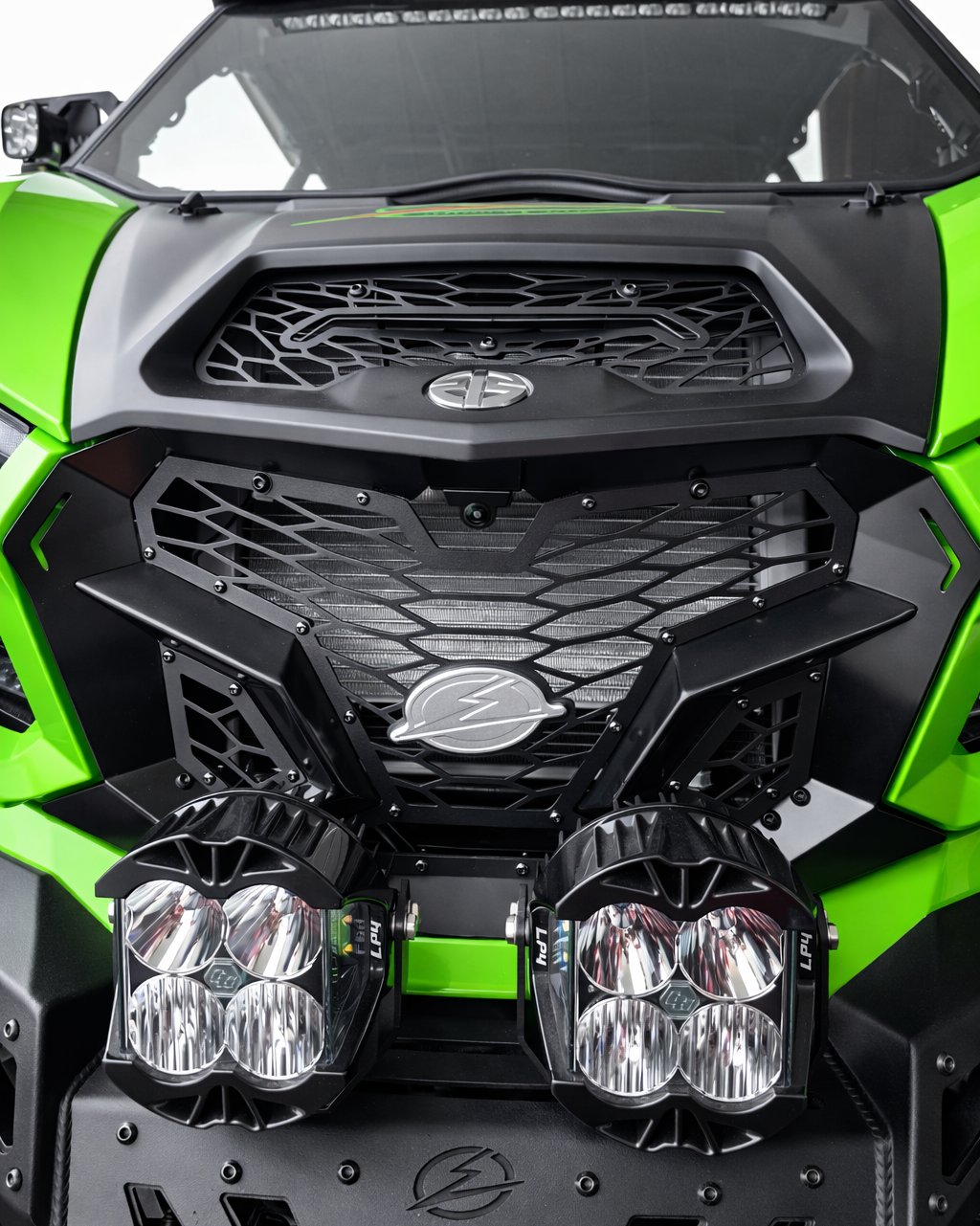 Camera mount detail on Kawasaki Teryx H2 Volt front grille retaining the factory Kawasaki camera