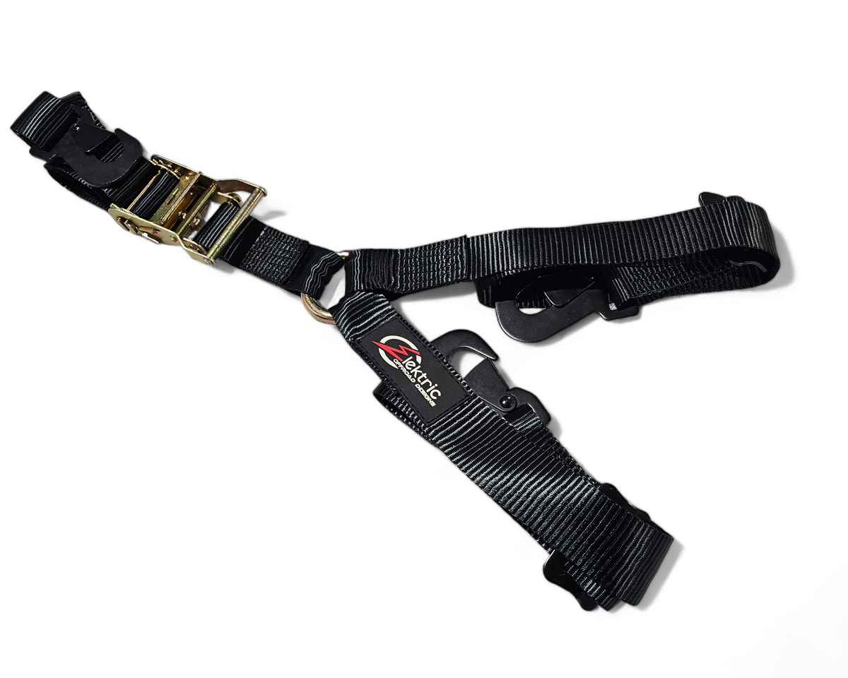 Elektric Offroad Designs EOD Tire Y Strap in black with 2-inch heavy-duty webbing and XL ratchet