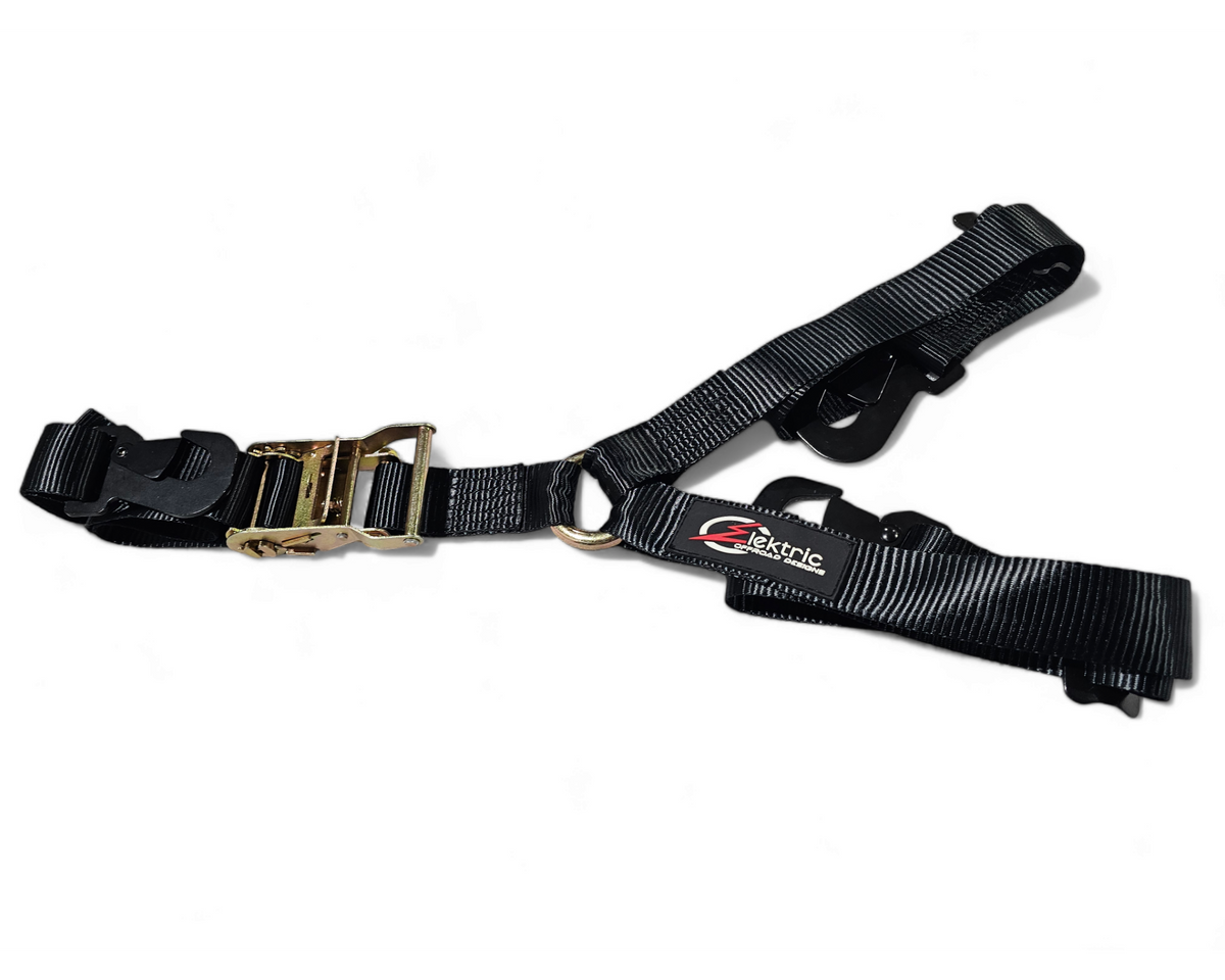 EOD Tire Y Strap three-point Y design shown laid out flat showing ratchet and industrial flat hooks