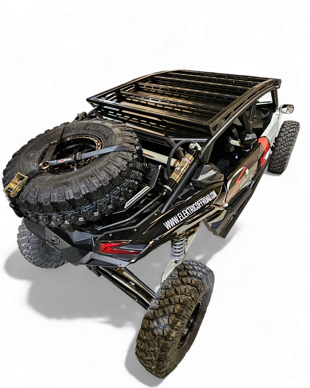 Rubber Elektric Offroad Designs patch detail on black Tire Y Strap webbing