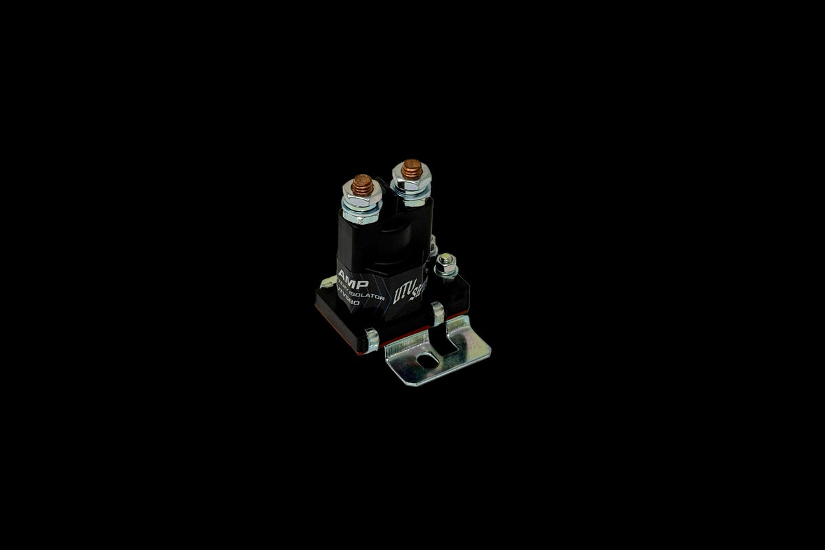 UTV Stereo battery isolator relay with metal mounting bracket and copper terminals