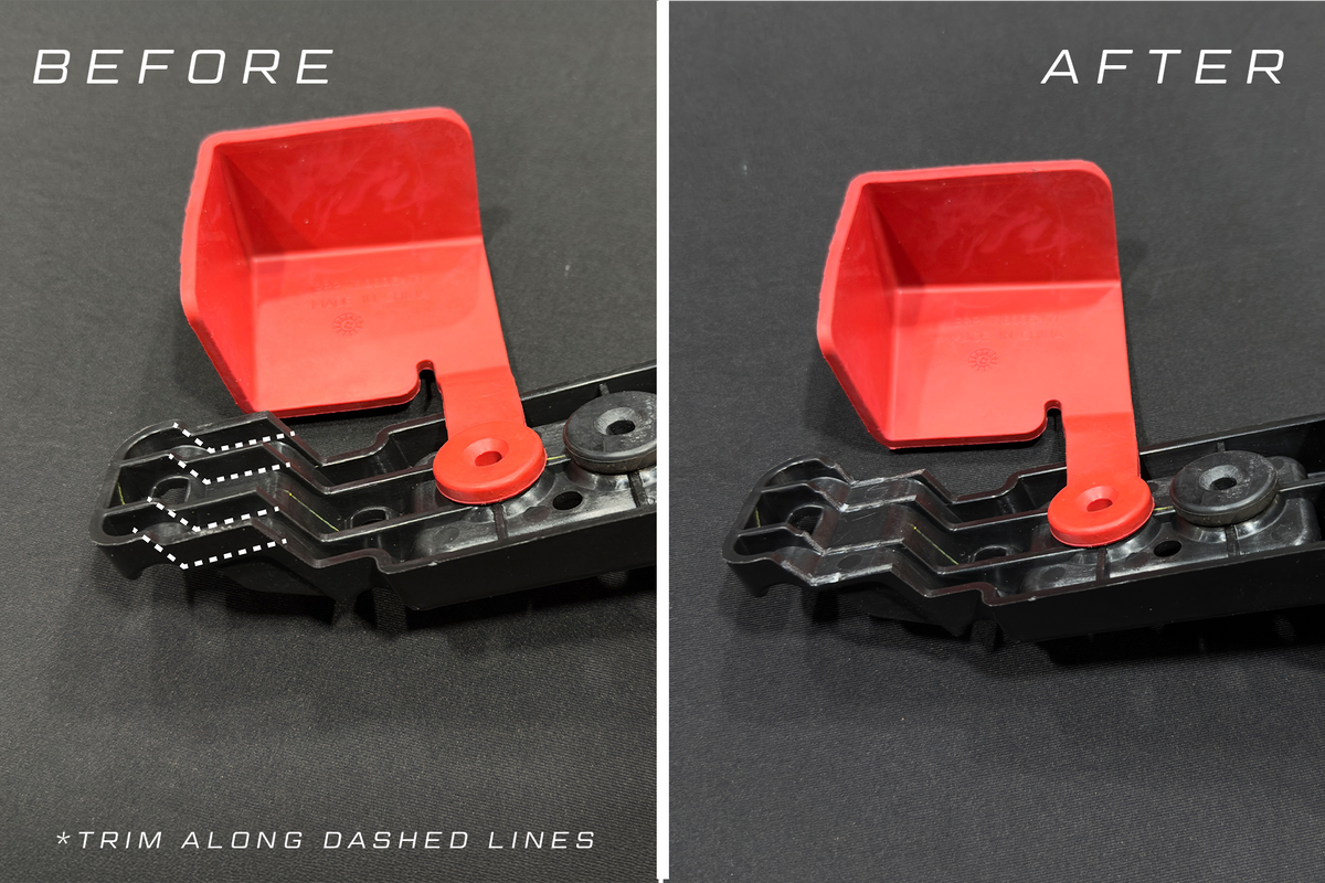 Comparison showing plastic part before and after trimming along indicated dashed lines