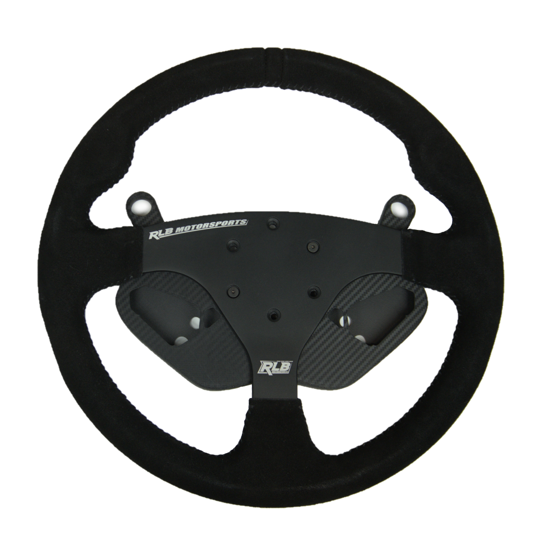 RLB suede UTV steering wheel installed in with RLB Adapt IQ carbon fiber steering button mount plate for Kawasaki KRX H2 UTV 