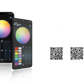 Two smartphones displaying the UTV Stereo app interface with color wheels and two QR codes