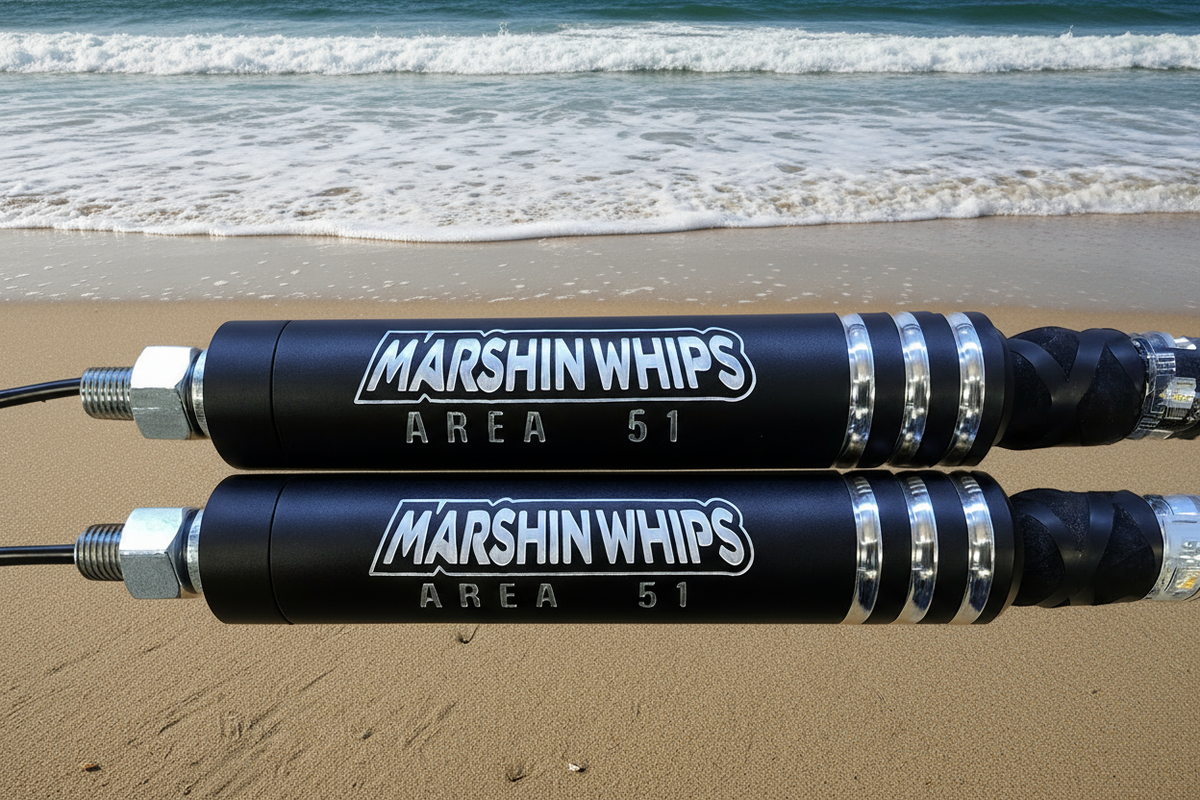 Two Marshin Whips with 'Area 51' branding on a desert background