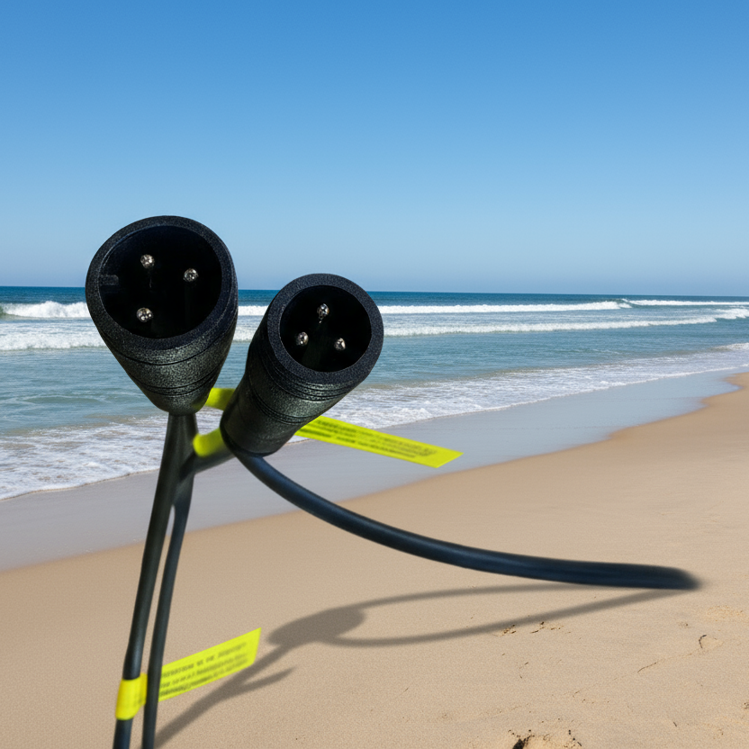 Two black electrical plugs with a cable on a desert background
