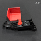 Black plastic automotive bracket with a red hinged cover