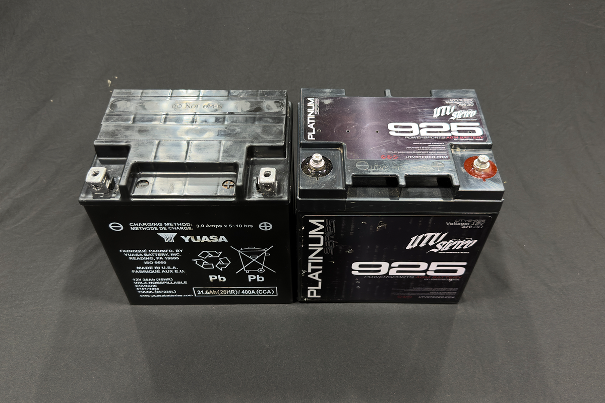 Yuasa and UTV Stereo Platinum Series 925 AGM batteries side by side