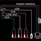 Wiring diagram showing power harness USB sub line out and aux connections