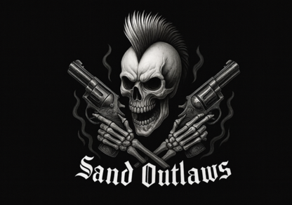 Skull with crossed revolvers and 'Sand Outlaws' text on a black background