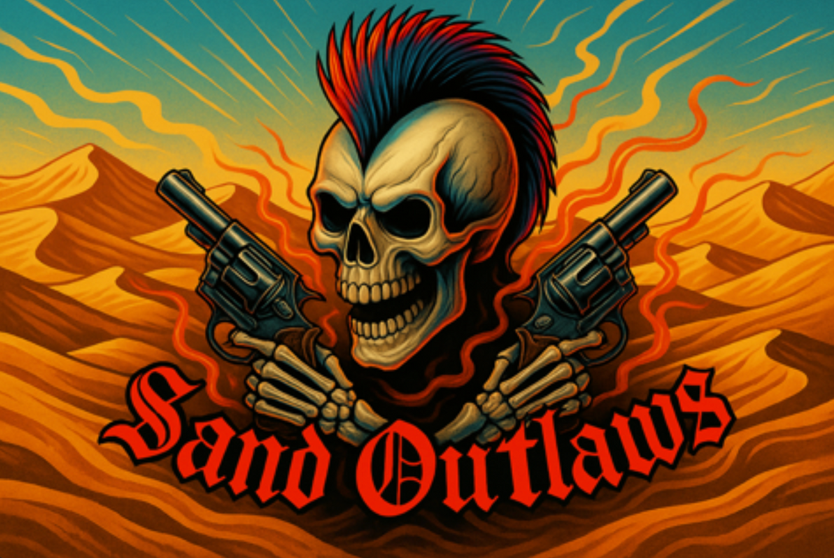Skull with guns and 'Sand Outlaws' text on a desert background