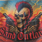 Flag with a skull holding guns and 'Band Outlaws' text against a fiery background