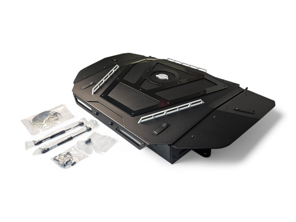 Multiple latch design on Volt Baja Box for 2024 Can-Am Maverick R showing secure closure hardware that keeps compartments locked angled view