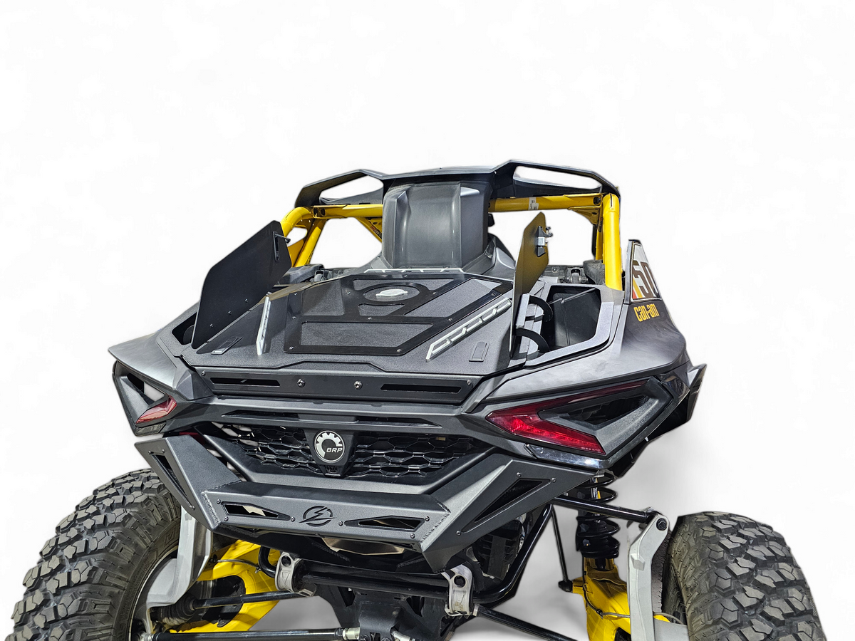Volt Baja Box lid open on 2024-2026 Can-Am Maverick R showing 2 side storages