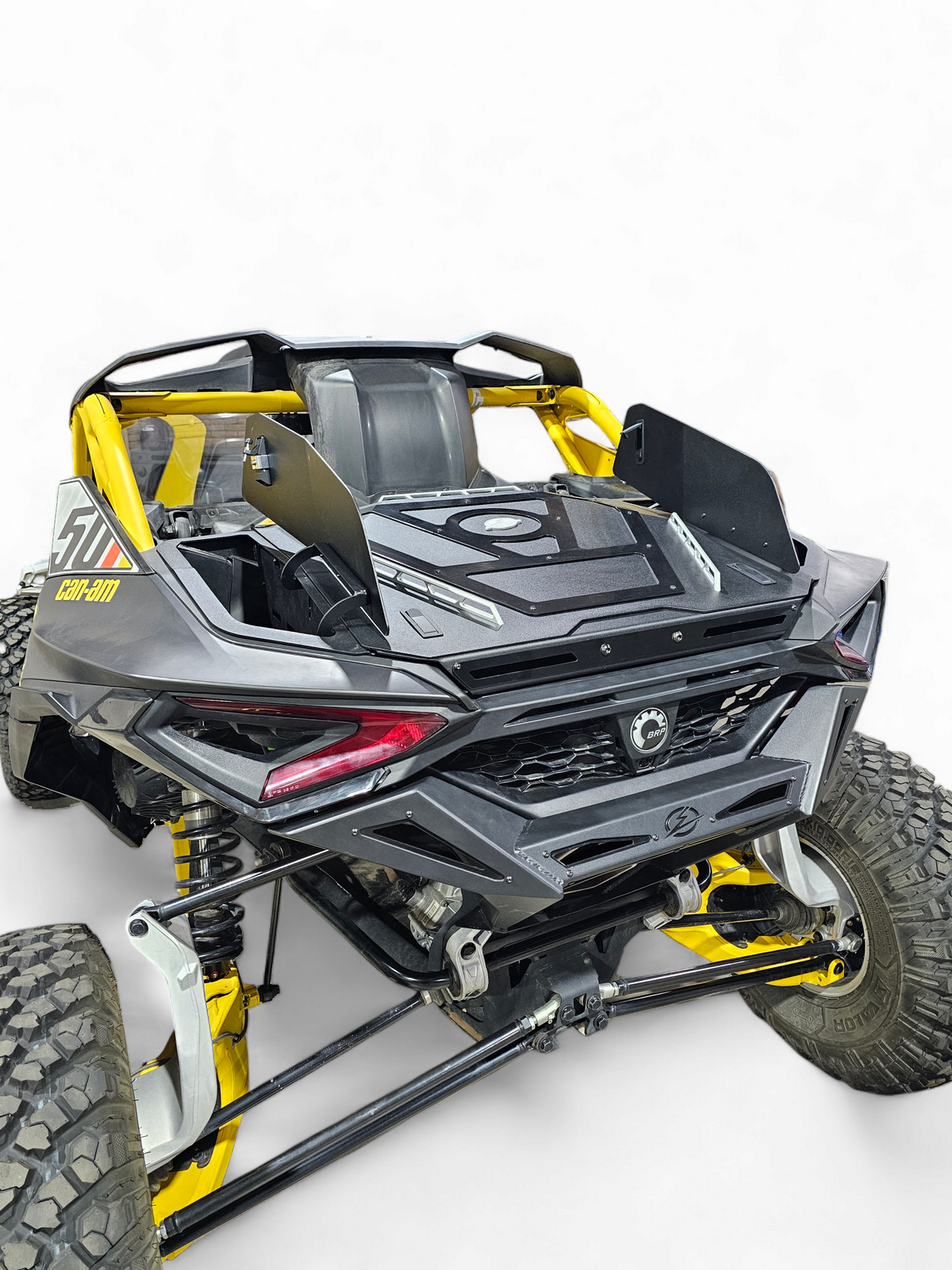 Volt Baja Box lid open on 2024 -2026 Can-Am Maverick R showing all three separate storage driver side