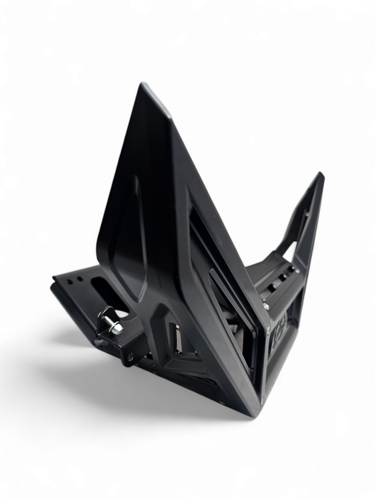 Wire management channel detail on black anodized Can-Am Maverick X3 billet front winch bumper for clean light wiring