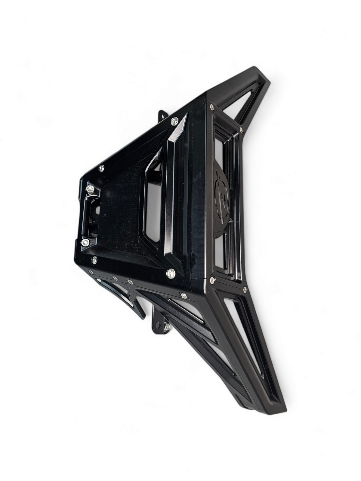 Black hard anodized finish detail on machined billet aluminum Can-Am Maverick X3 front winch bumper showing deep stealth color