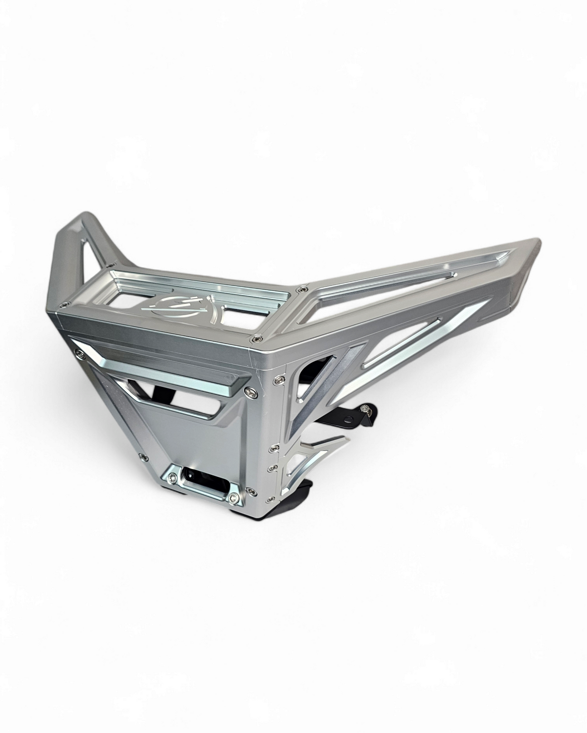 Front three-quarter view of clear anodized billet winch bumper installed on Can-Am Maverick X3 showing dual light mounts