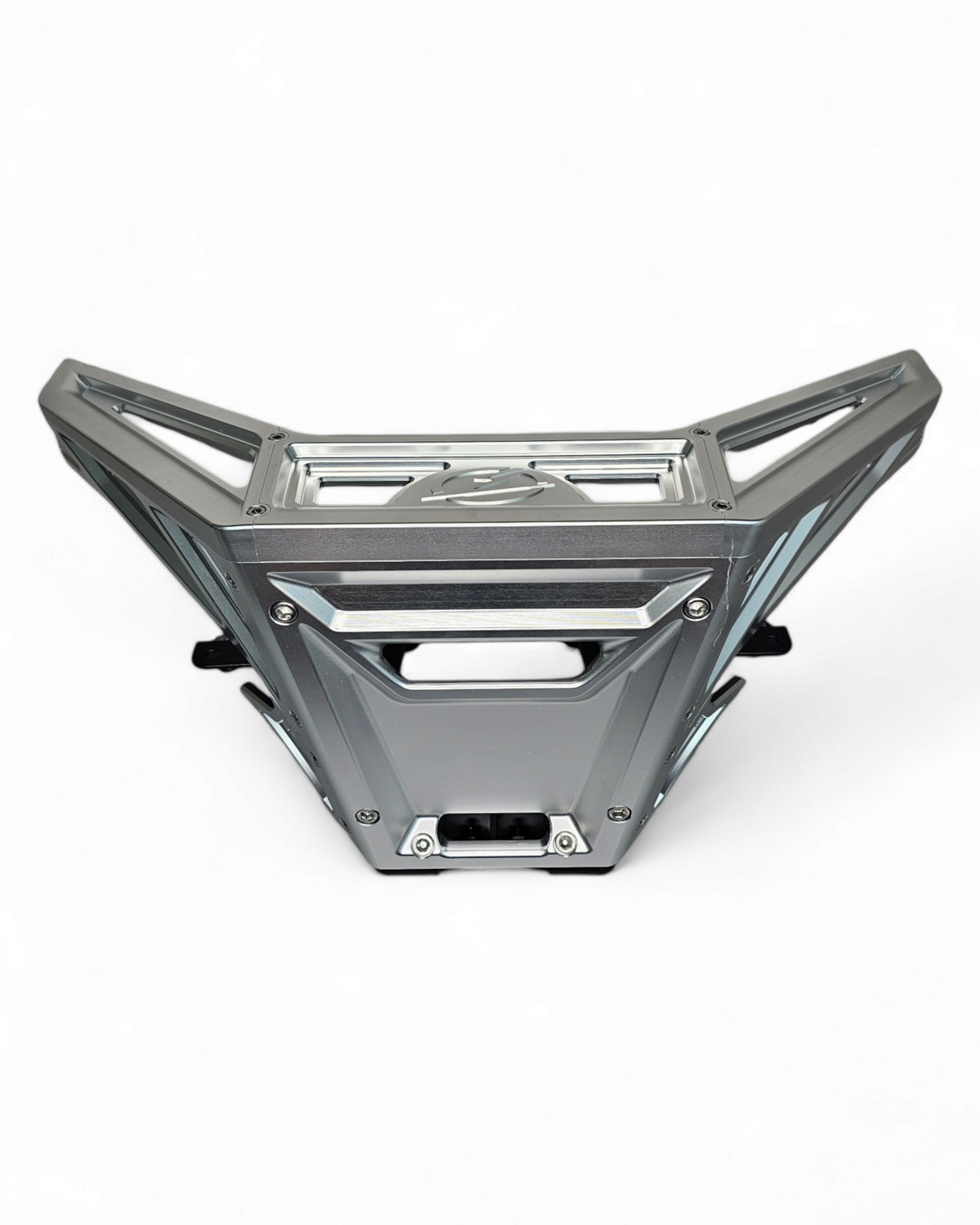 Side profile of clear anodized billet front winch bumper on Can-Am Maverick X3 showing low-profile lightweight design