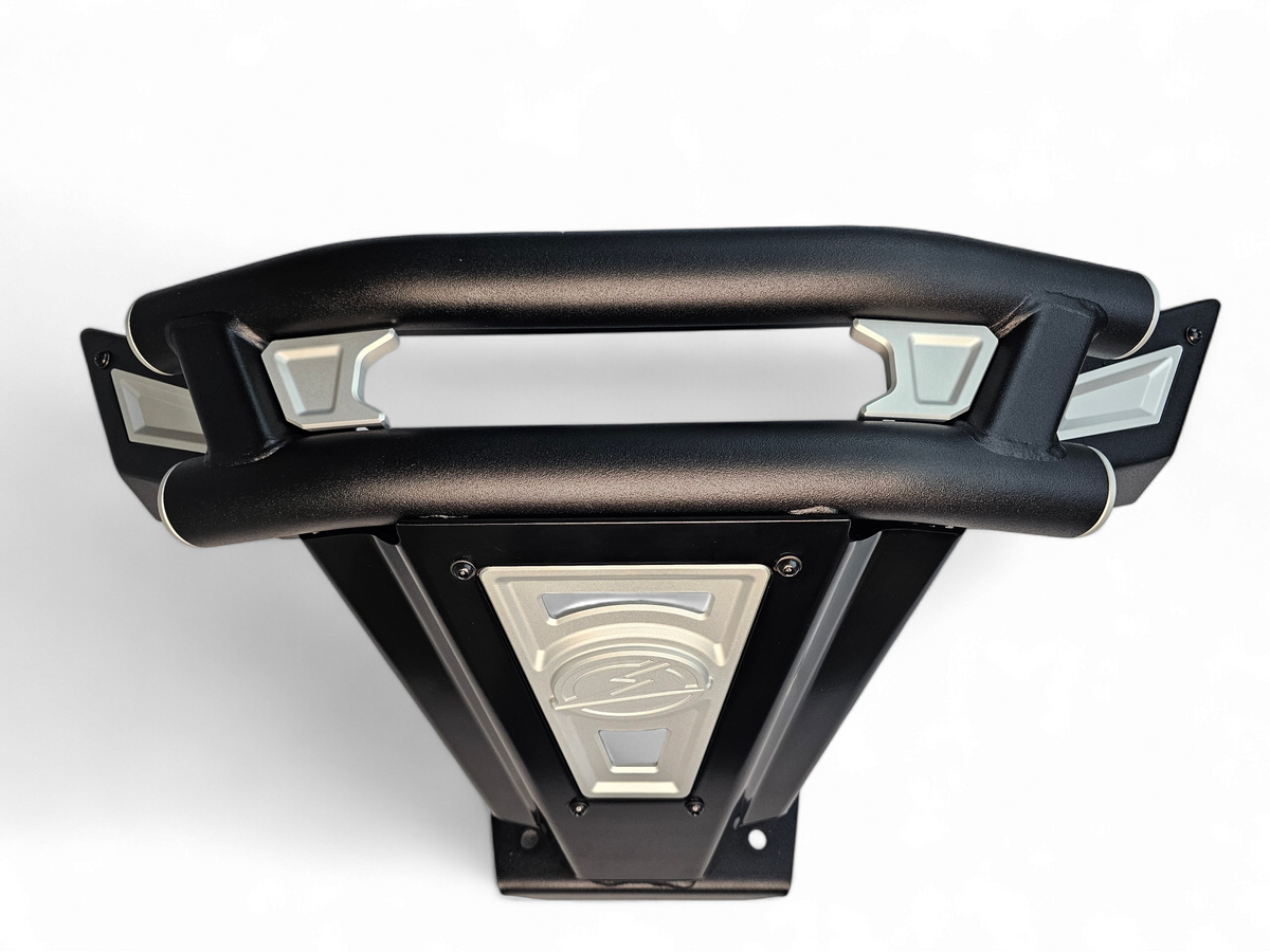 Detail of satin black panel against hammer black tube on Can-Am Maverick X3 Amp bumper