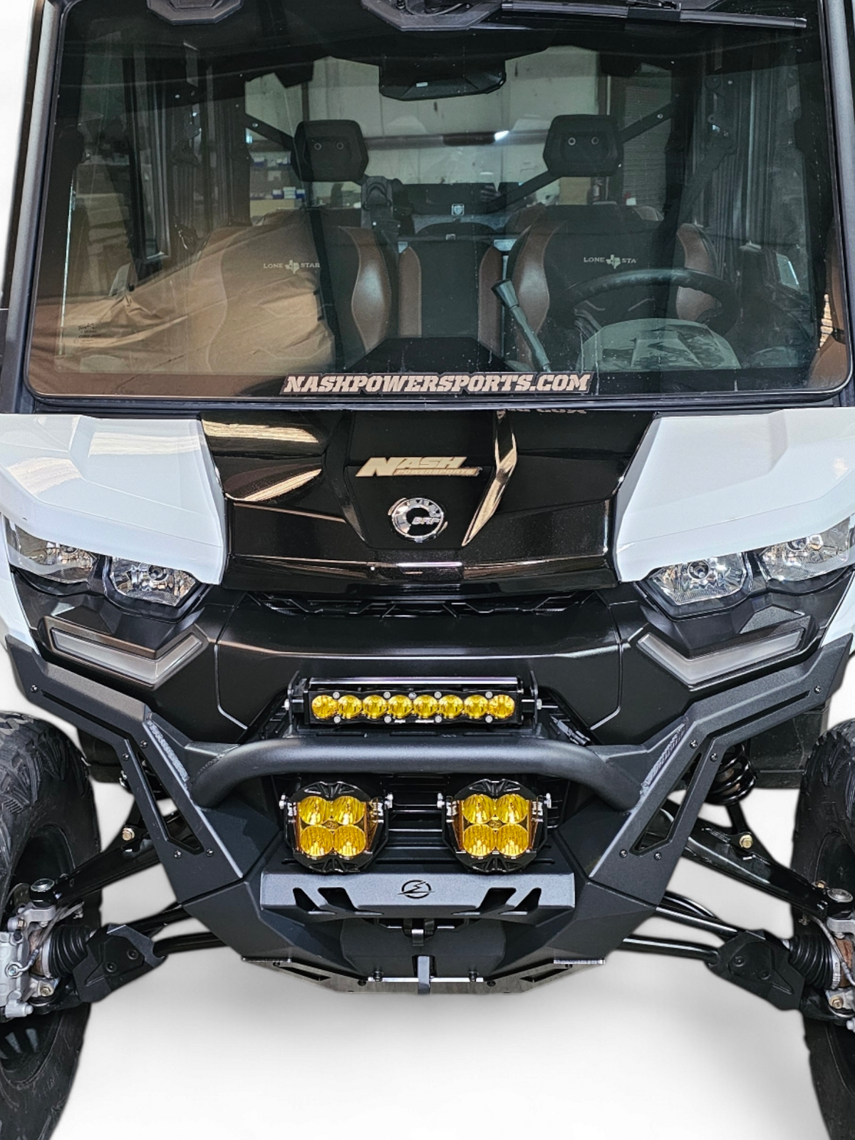 Direct front view of Can-Am Defender HD10 Volt Front Winch Bumper with universal light mounts